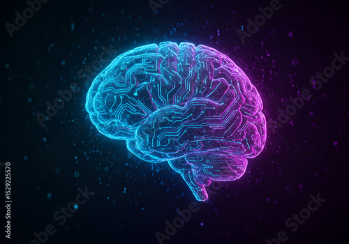 Futuristic digital brain with glowing circuit board patterns, concept of artificial intelligence, machine learning, and innovation