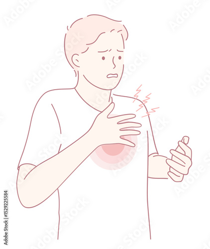 An artistic illustration showing a person who is experiencing significant chest pain and discomfort symptoms
