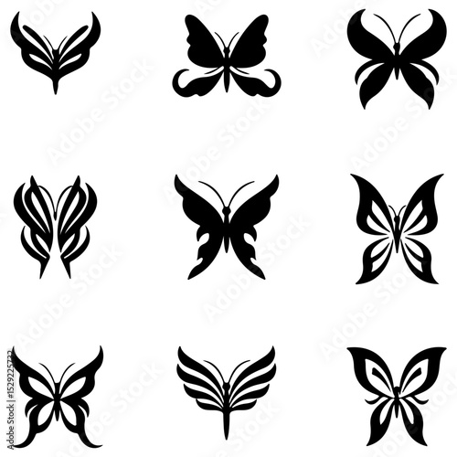 Set of elegant butterflies silhouetted against a full moon vector
