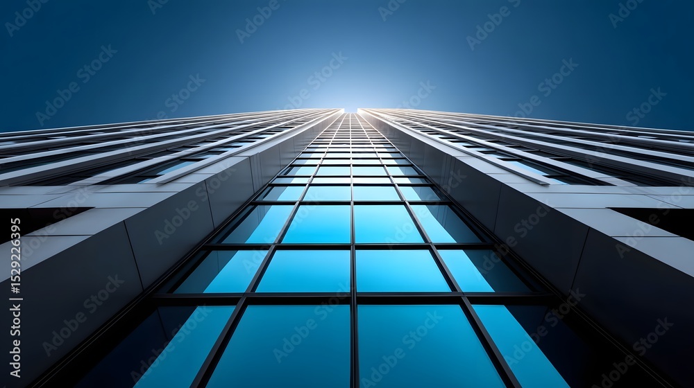 Obraz premium Towering glass and steel high-rise building shot from an angular, dynamic perspective, showcasing the sleek, minimalist modern architecture.