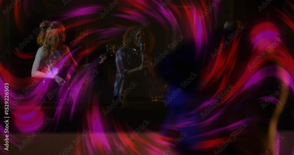 Music producer tweaking faders unleashing purple trails around vortex revealing band collapsing