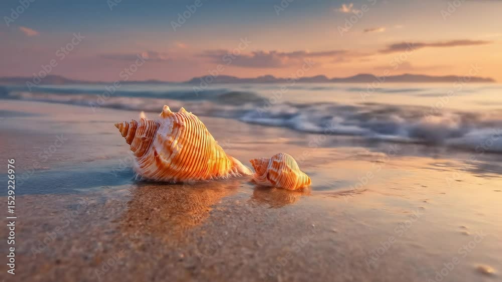 Two seashells rest on wet sand while gentle ocean waves and a colorful sunset fill the background.