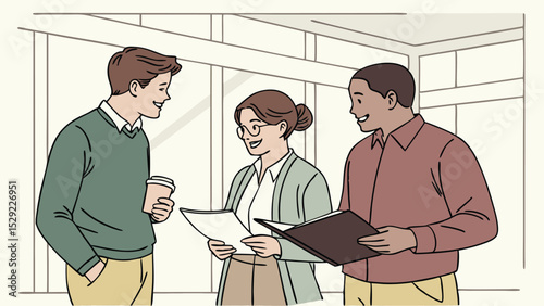 Three colleagues in an office setting discussing documents and a coffee cup in a light and airy space