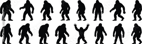 Silhouette collection of Bigfoot or Sasquatch creatures in various walking poses, black vector mysterious cryptid figures, mythical wild man forest monster illustration design