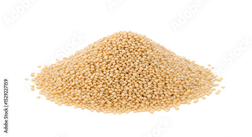 A close-up view of a mound of uncooked quinoa grains on a clean white background, ideal for healthy cooking and nutrition