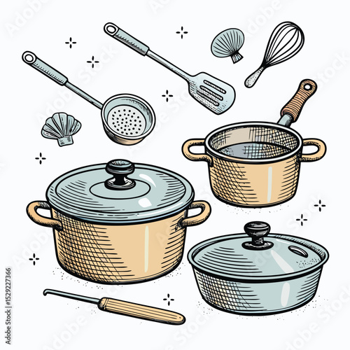 A vibrant scene of a vintage cooking class students gather around a large table, actively engaged in preparing food with various pots, pans, and utensils.