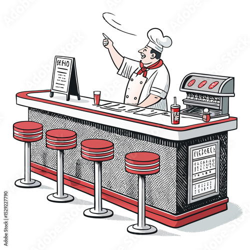 A vintage diner counter scene; a smiling chef presents a freshly baked cookie to a customer.  Warm lighting, retro details.