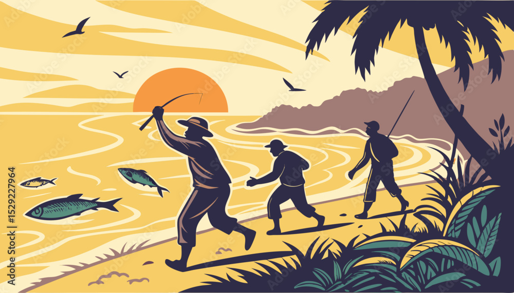 Obraz premium Jubilant fishermen celebrating a bountiful catch, joyfully dancing on the beach at sunset. Their ecstatic movements express pure elation.