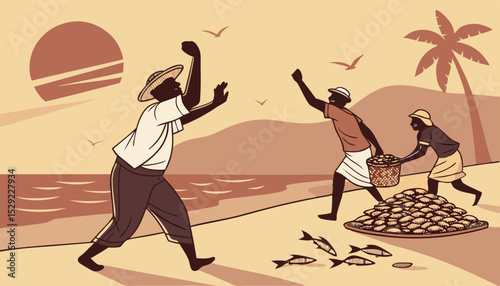 Jubilant fishermen celebrating a bountiful catch, joyfully dancing on the beach at sunset. Their ecstatic movements express pure elation.                                 