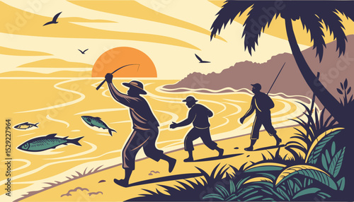 Jubilant fishermen celebrating a bountiful catch, joyfully dancing on the beach at sunset. Their ecstatic movements express pure elation.                                 
