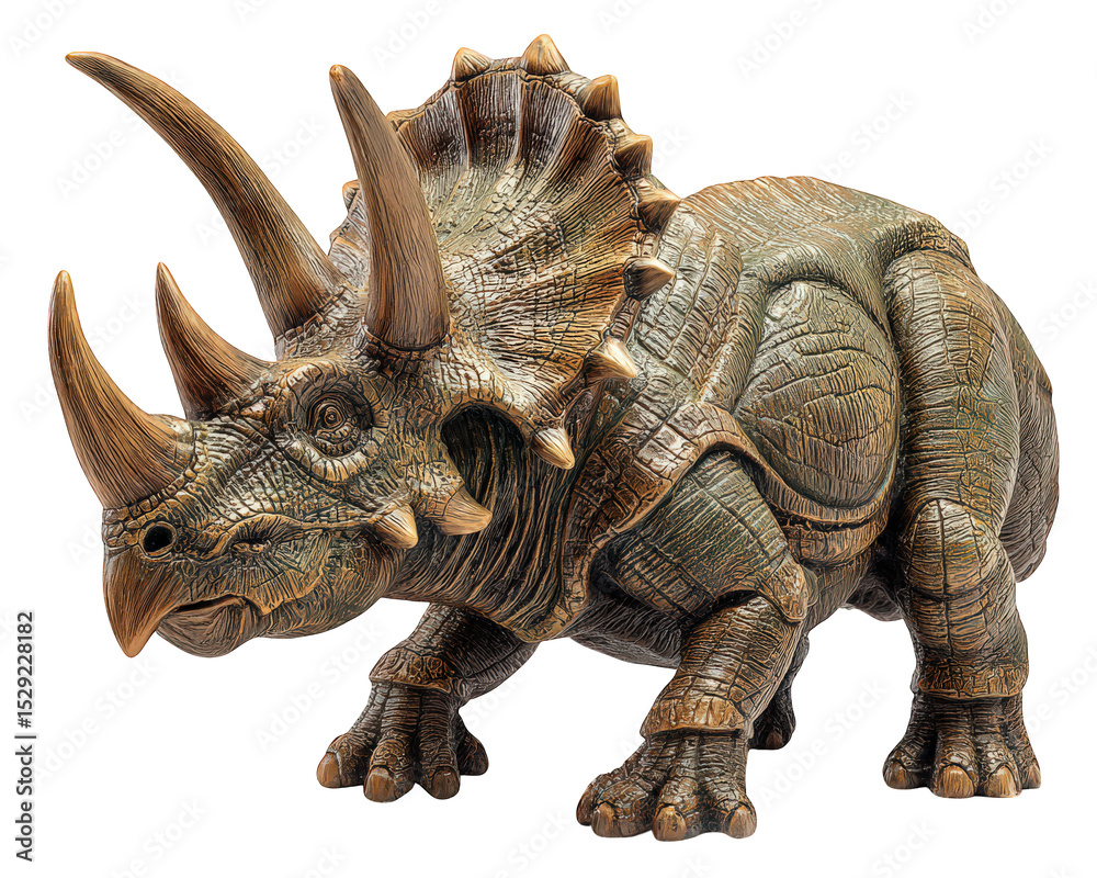 Fototapeta premium Detailed model of prehistoric dinosaur, showcasing triceratops with textured skin and prominent horns. This lifelike representation captures essence of ancient wildlife, evoking sense of wonder