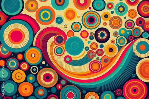 Groovy 70s Retro Pattern with Psychedelic Waves and Circles