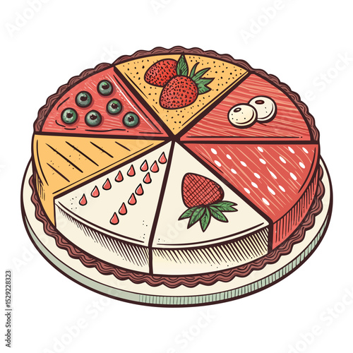 A delicious pie, sliced into segments, visually representing a pie chart; each slice a different flavor & color, styled for a dessert course.  High-resolution, detailed.