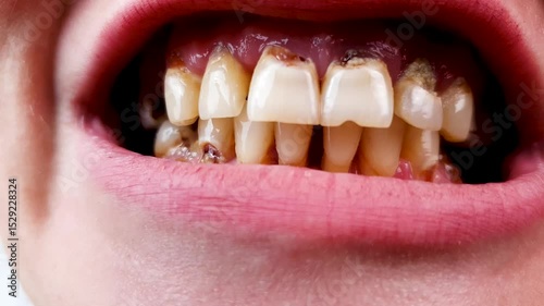 Periodontal disease of female teeth,caries,mouth with damaged broken teeth of a young woman. Treatment of Periodontal disease,dental oral health.