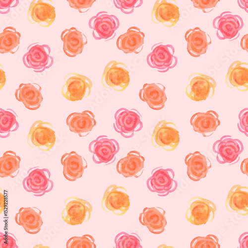 Watercolor seamless hand drawn pattern with pink, orange, yellow roses