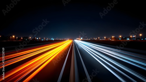 Long exposure of a bustling freeway at night, capturing the dynamic motion and energy of modern transportation and logistics
