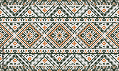  Fabric pattern, pixel pattern, green and orange tones, weaving, flowers, square shapes, natural art, used in fabric pattern design or wallpaper, various material surfaces.