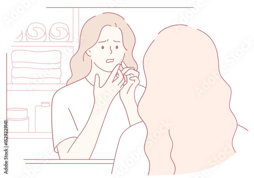 A woman thoughtfully examines her skin in a mirror, emphasizing important moments of selfcare, reflection, and growth