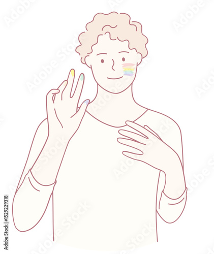 A colorful illustration depicts a person joyfully expressing pride and inclusivity through sign language