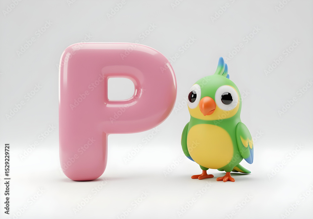 Obraz premium A cute cartoon Parrot next to light Pink letter P