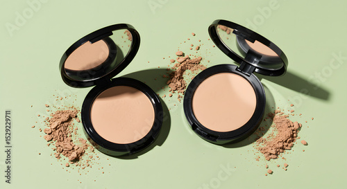 Compact Face Powder in an Open Black Case with Loose Powder Scattered on a Light Green Background, Perfect for Beauty, Skincare, and Cosmetic Product Displays