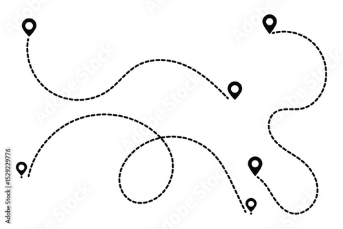 Route icon set. two points with dotted path and location pin. Location pointer continuous one line drawing. GPS navigation line route mark.