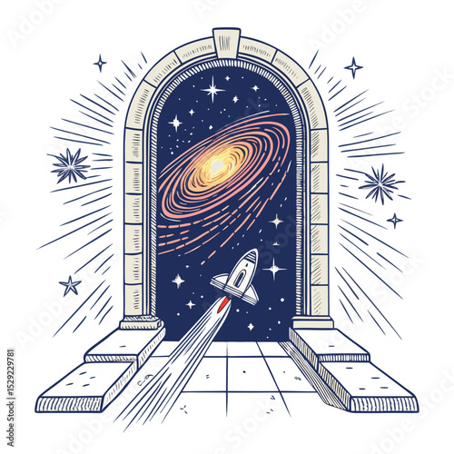 A vibrant spaceship emerges from a swirling, iridescent portal leading to a distant, fantastical galaxy.  Details crucial.