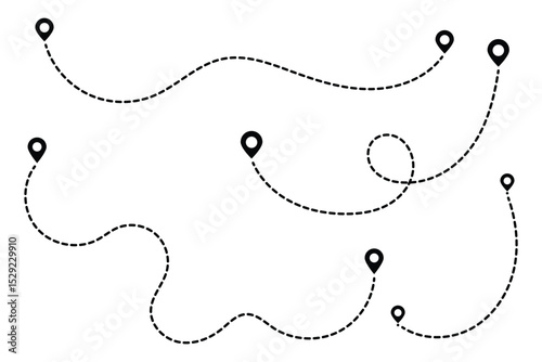Route icon set. two points with dotted path and location pin. Location pointer continuous one line drawing. GPS navigation line route mark.