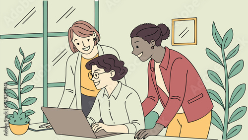 Three diverse women collaborating on a laptop in an office setting with plants and a window behind them