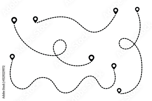 Route icon set. two points with dotted path and location pin. Location pointer continuous one line drawing. GPS navigation line route mark.