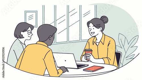 Three people in a meeting around a table with a laptop and coffee in a bright and airy workspace