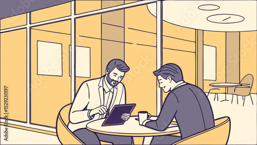 Two businessmen discuss a project over coffee while looking at a tablet in a modern office space