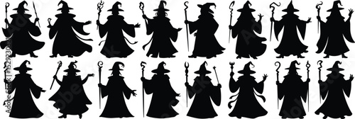 Wizard silhouettes collection, fantasy mage clipart, magic sorcerer vector, spell caster illustration, black wizard characters