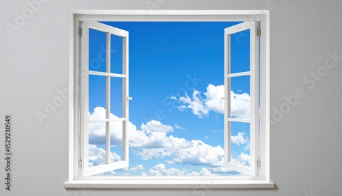 Open window framing a serene cloudscape and blue sky in minimalist home