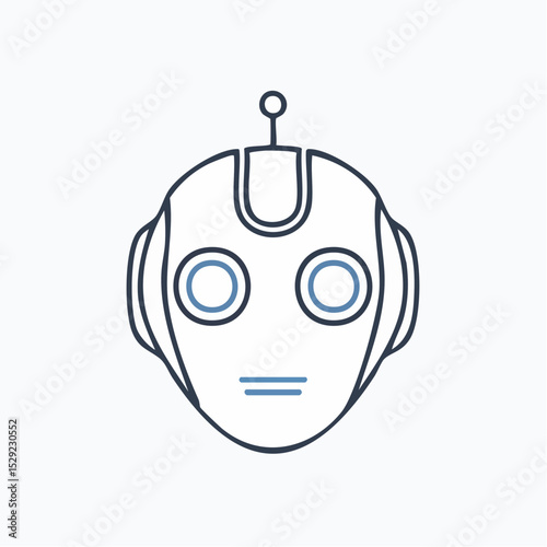 A stylized line drawing of a robot's head, featuring simple, clean design elements.