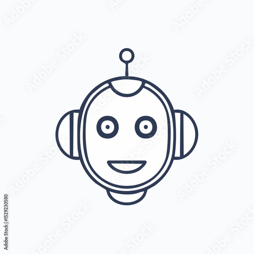 Simple outline illustration of a smiling robot head with antenna and ear-like features.