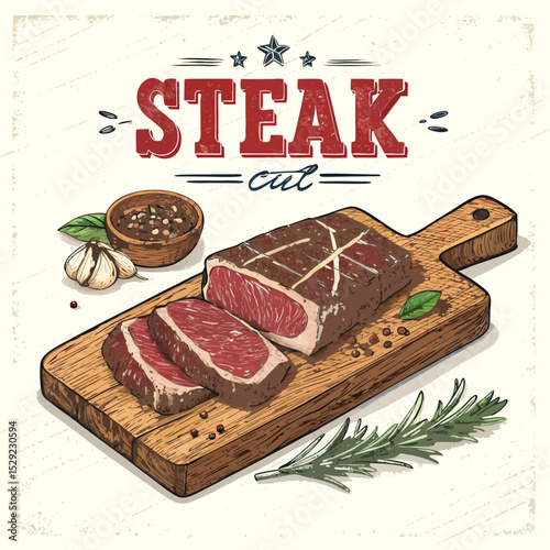Create a poster showcasing a perfectly seared, medium-rare ribeye steak on a rustic vintage wooden cutting board.  High-quality, detailed image.