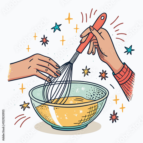 Retro cartoon illustration of two hands energetically whisking batter in a glass mixing bowl.  Emphasis on vibrant colors and a playful, vintage style.