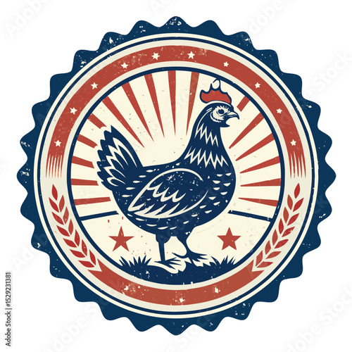 Design a retro-style chicken badge illustration, showing worn ink, faded edges, and a vintage aesthetic.  Include detailed feather texture.