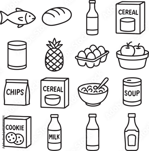 Dairy, Snacks, Fresh Product, Meats, Beverages, Baby Food, Household Groceries Icon Set Items – Vector Icons for  Food Delivery, E-commerce & Grocery Apps Vector Illustration EPS 10.