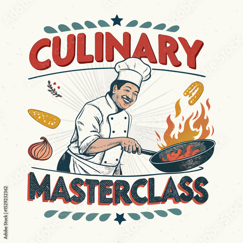 Design a vibrant retro poster featuring a smiling chef expertly flipping a sizzling pan of food.  Emphasis on dynamic action and 1950s style.