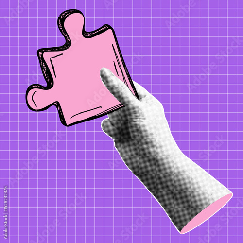 Trendy halftone collage banner with hand holding the piece of jigsaw puzzle. Smart idea and teamwork concept. Contemporary vector illustration