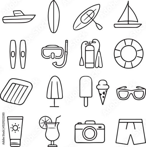 Water recreation, sport and other activities icon set with adjustable line weight for depicting various lake, sea, ocean, river, pool activities. Vector Illustration EPS 10.