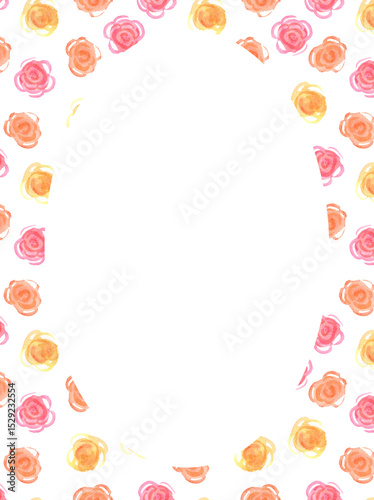 Watercolor oval delicate frame of orange, yellow and pink roses