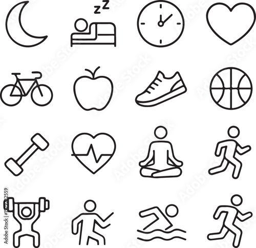 Healthy Lifestyle Vector Icon Set | Adjustable Line Weight | Fitness, nutrition, exercise, wellness, sleep, yoga, meditation, heart rate, gym, hiking, cycling, sports, health monitoring icons Eps 10