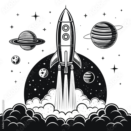 A retro-futuristic spaceship launches, leaving vibrant vapor trails against a starry backdrop.  Detailed illustration, emphasizing speed and power.