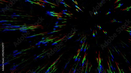 Abstract Colorful Bokeh Glitch Lights with Halftone Effect on Black Background. Abstract party shapes colorful holographic blue cyan pink bokeh animation. Hippie tie dye design