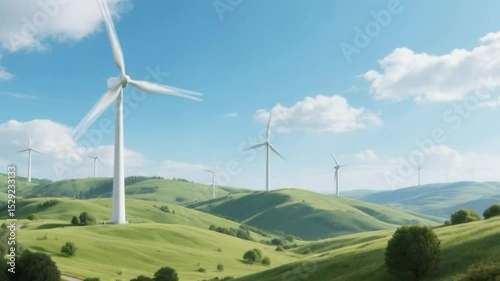 Wind turbines among green hills under blue sky