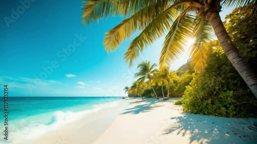 A deserted white beach with palm trees and crystal clear water