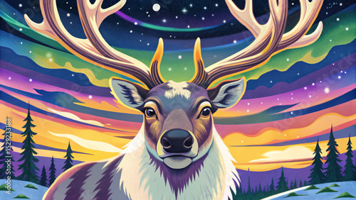 Vector illustration of a majestic reindeer standing beneath vibrant northern lights ideal for winter wildlife scenes, holiday themes, and arctic nature concepts